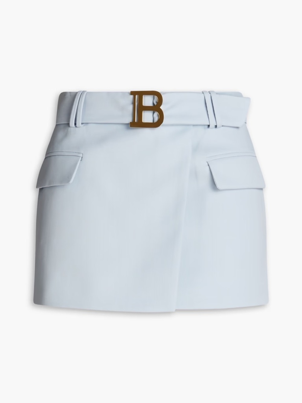 Balmain Wrap Mini Skirt Light Blue Wool Belted Women US6 FR38 Logo Designer Chic - Picture 3 of 16